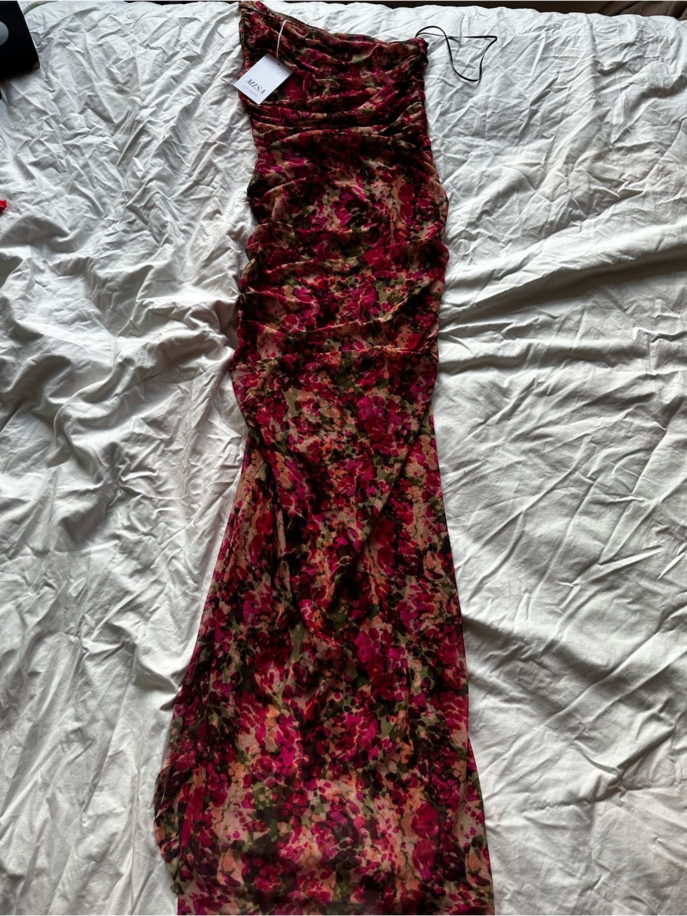 MISA Los Angeles Romantic One Shoulder Ruched Maxi Dress Floral Pink XXS - Picture 10 of 13